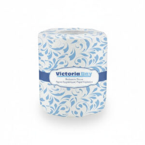 Victoria Bay individually wrapped bathroom tissue roll, blue leaf pattern wrapper.